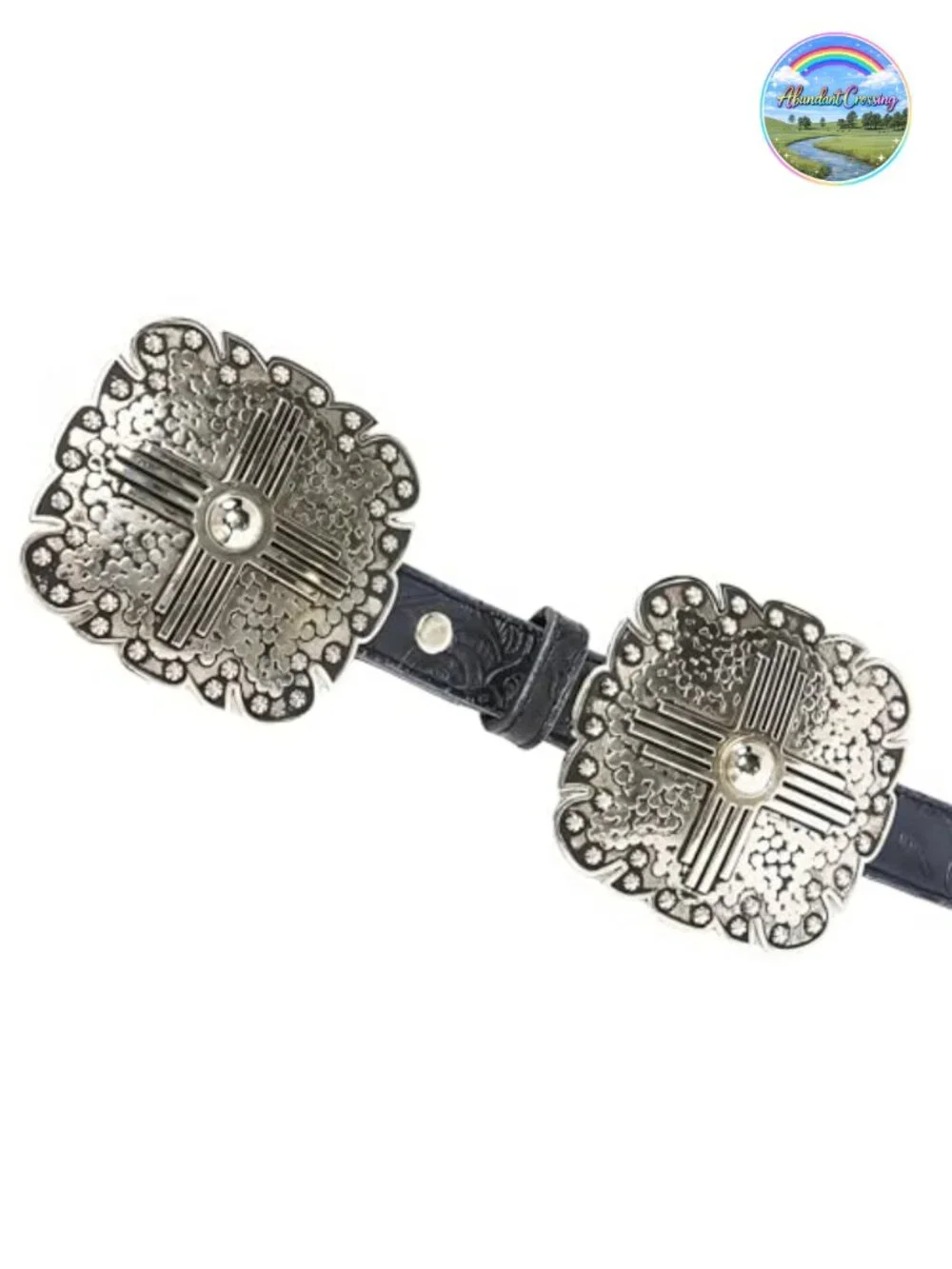 Genuine Leather Western Belt with Floral Embossed Pattern and Square Conchos